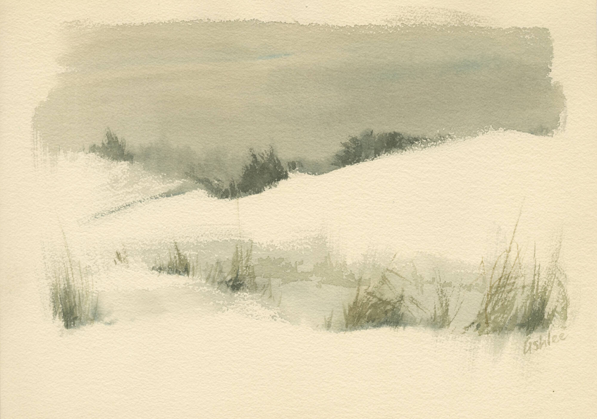 Watercolor of a snowy landscape.
